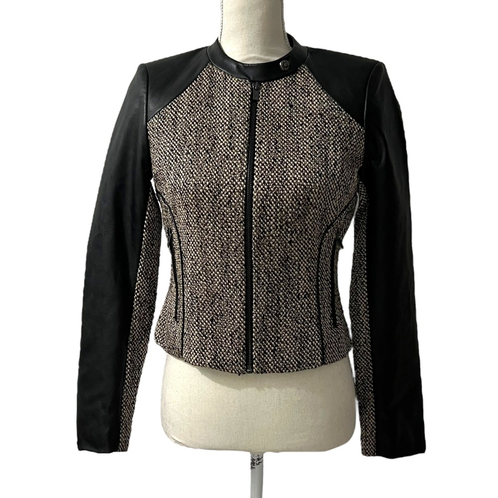 Calvin Klein Brown Faux Leather Trim Tweed Moto‎ Jacket XS - Picture 5 of 9